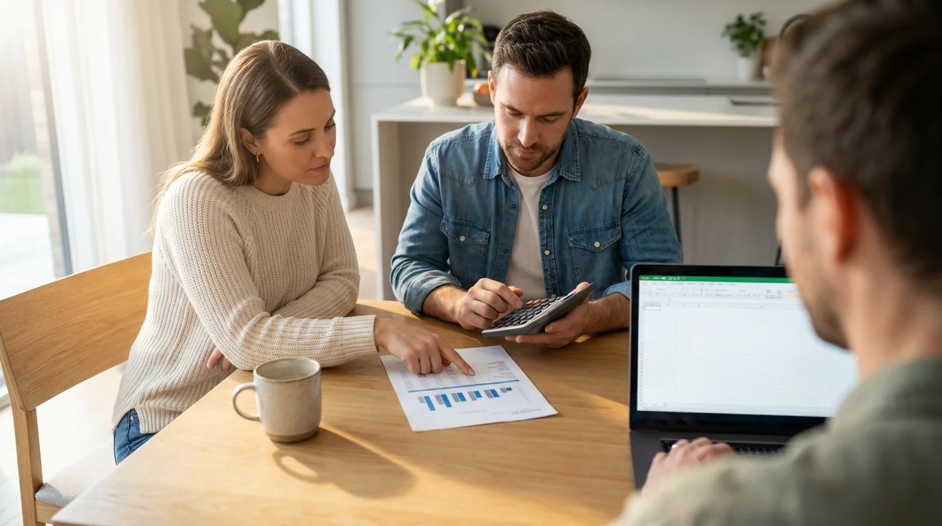 Over-the-shoulder view of a couple analyzing a financial bill at their dining table.
