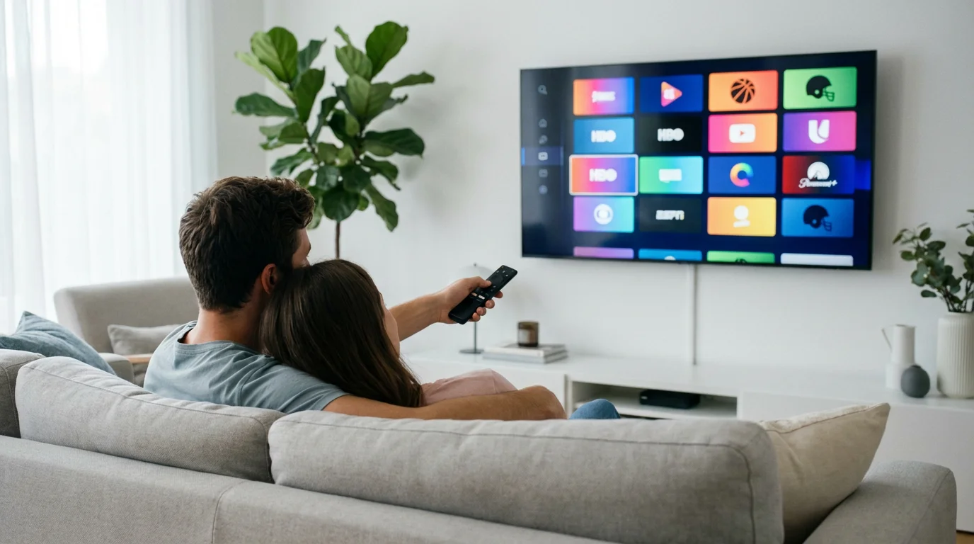 Over-the-shoulder view of a couple on a couch browsing a live TV streaming service.