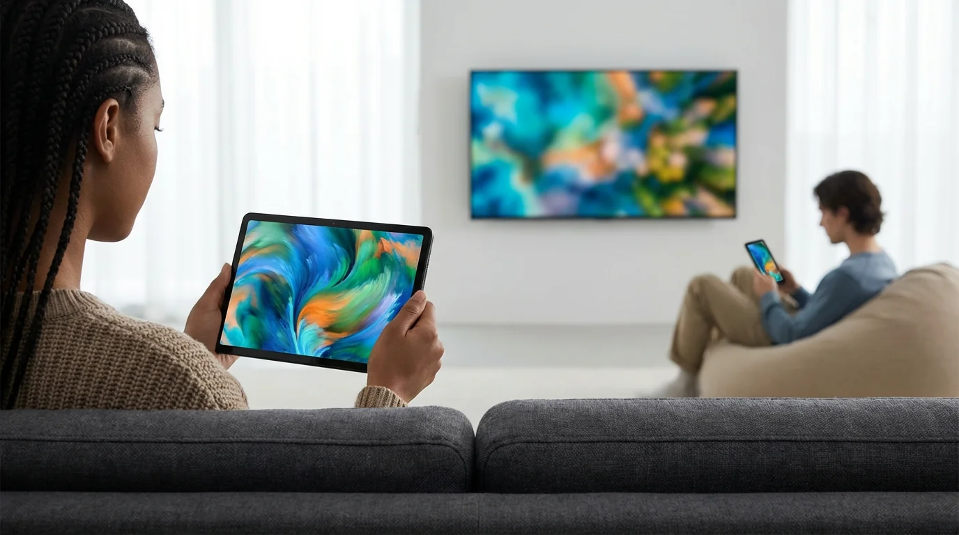 Over-the-shoulder view of a family using a TV, tablet, and phone simultaneously at home.