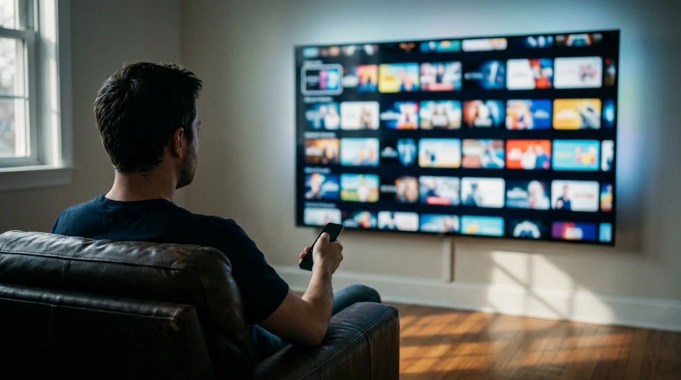Over-the-shoulder view of a man browsing a large reality TV content library on a television.