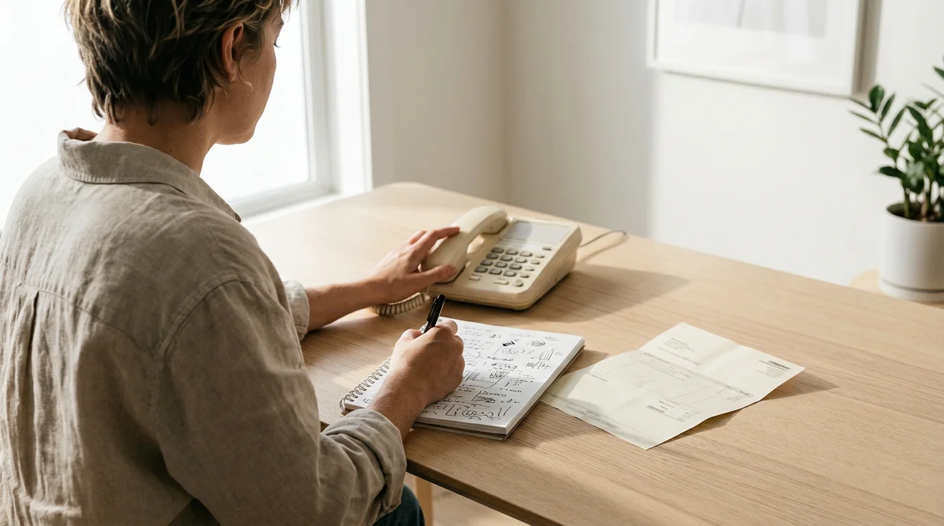 Over-the-shoulder view of a person at a desk with a notepad and bill.