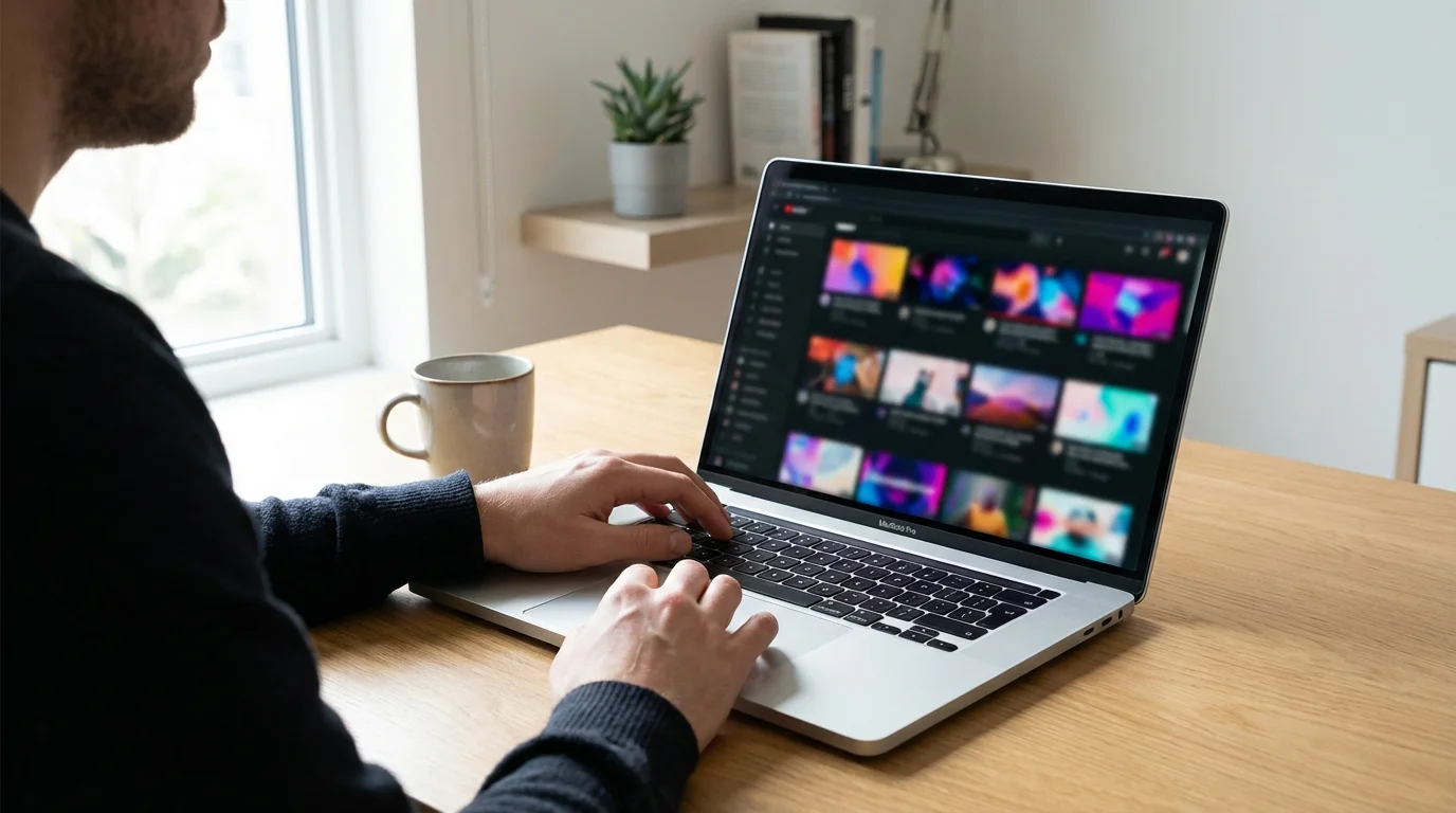 Over-the-shoulder view of a person at a desk using a laptop with a video library on screen.