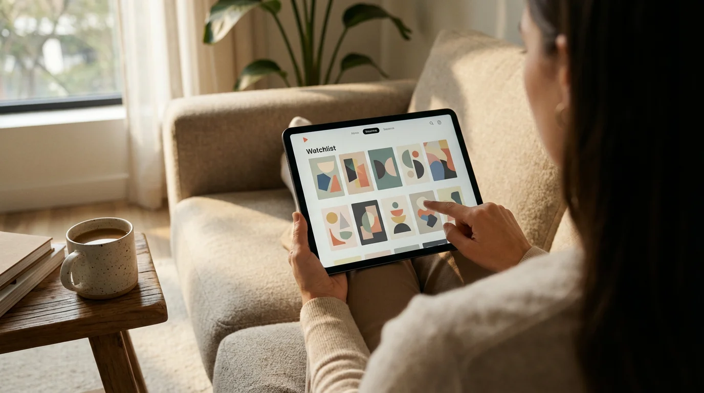 Over-the-shoulder view of a person browsing a streaming service watchlist on a tablet.