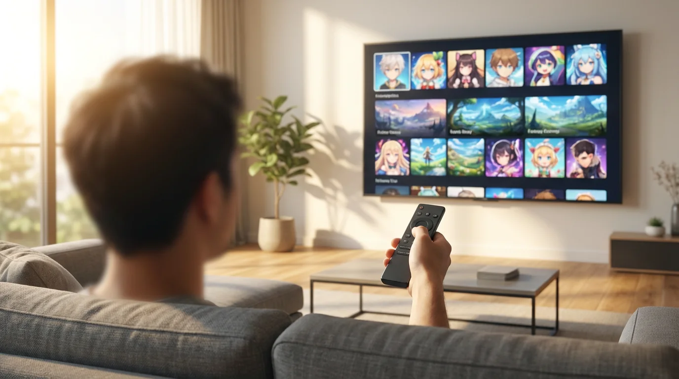 Over-the-shoulder view of a person browsing a vast anime library on a smart TV.