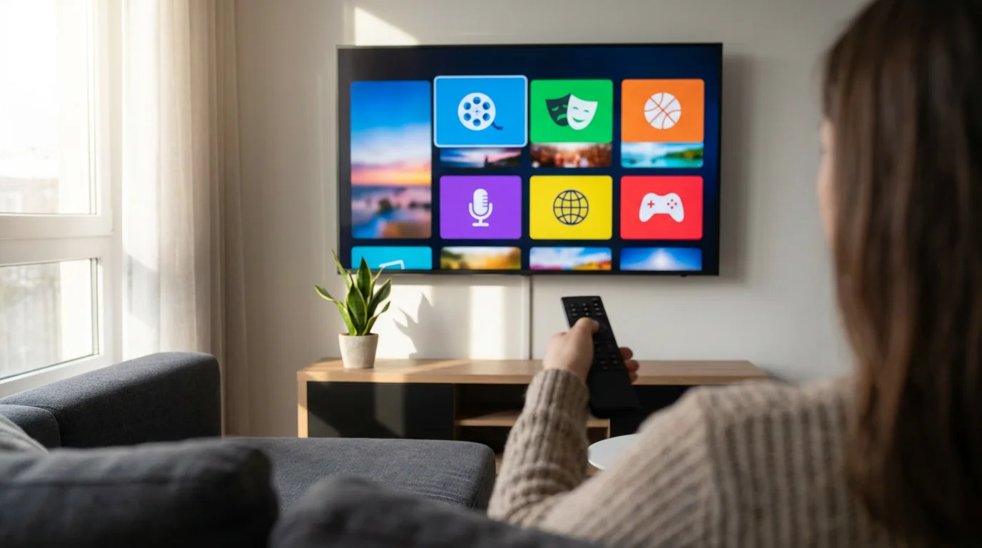 Over-the-shoulder view of a person browsing streaming service add-on packages on a television.