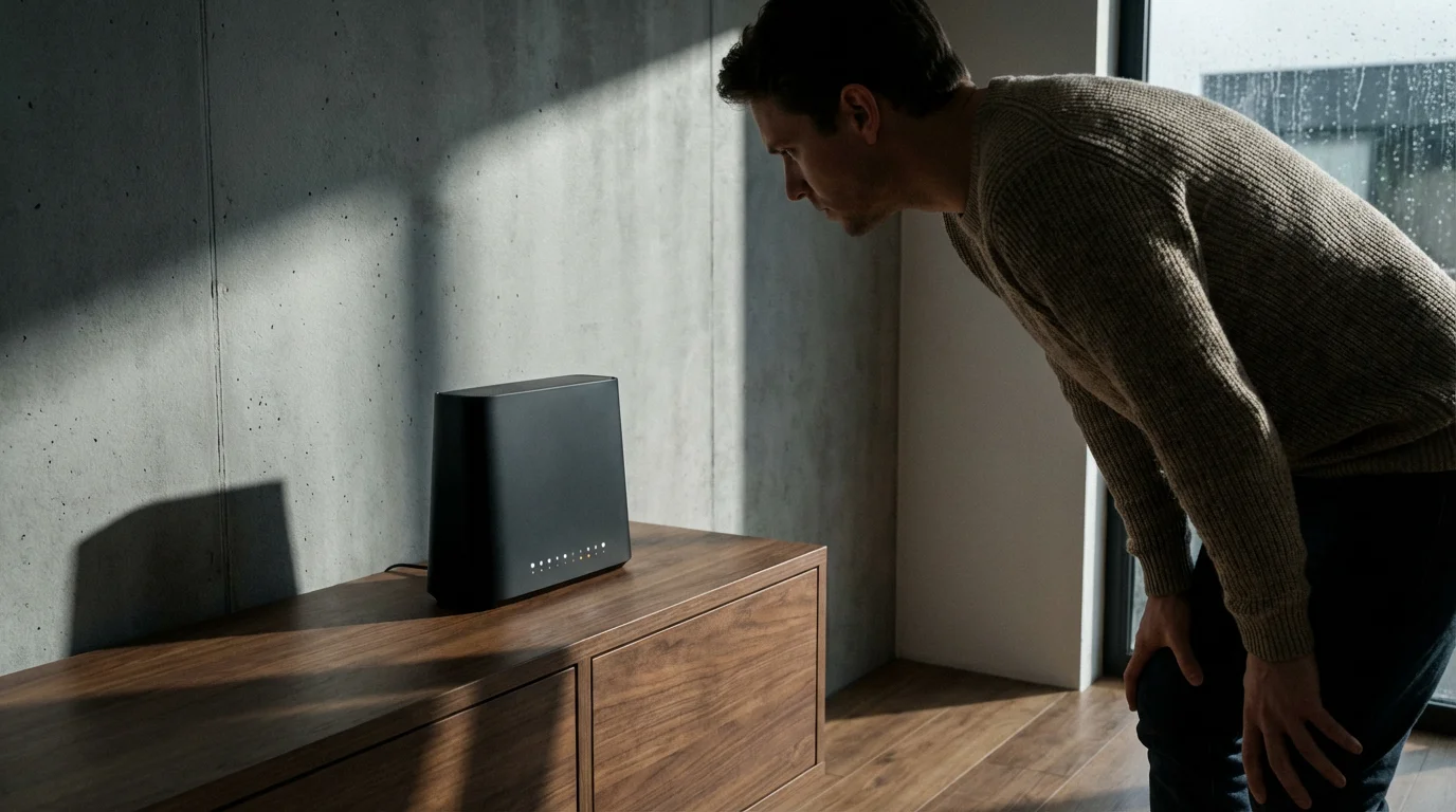 Over-the-shoulder view of a person checking the lights on a modern Wi-Fi router.