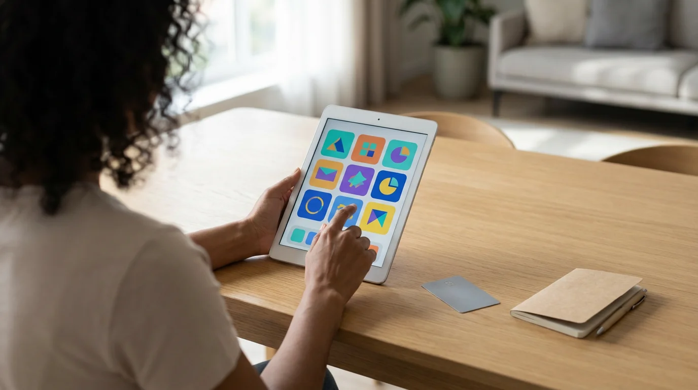 Over-the-shoulder view of a person choosing from streaming service app icons on a tablet.