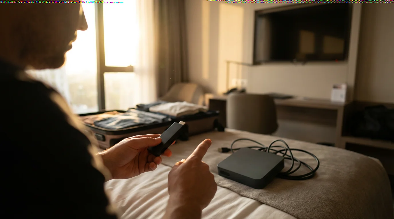 Over-the-shoulder view of a person choosing a compact streaming stick over a bulkier box.