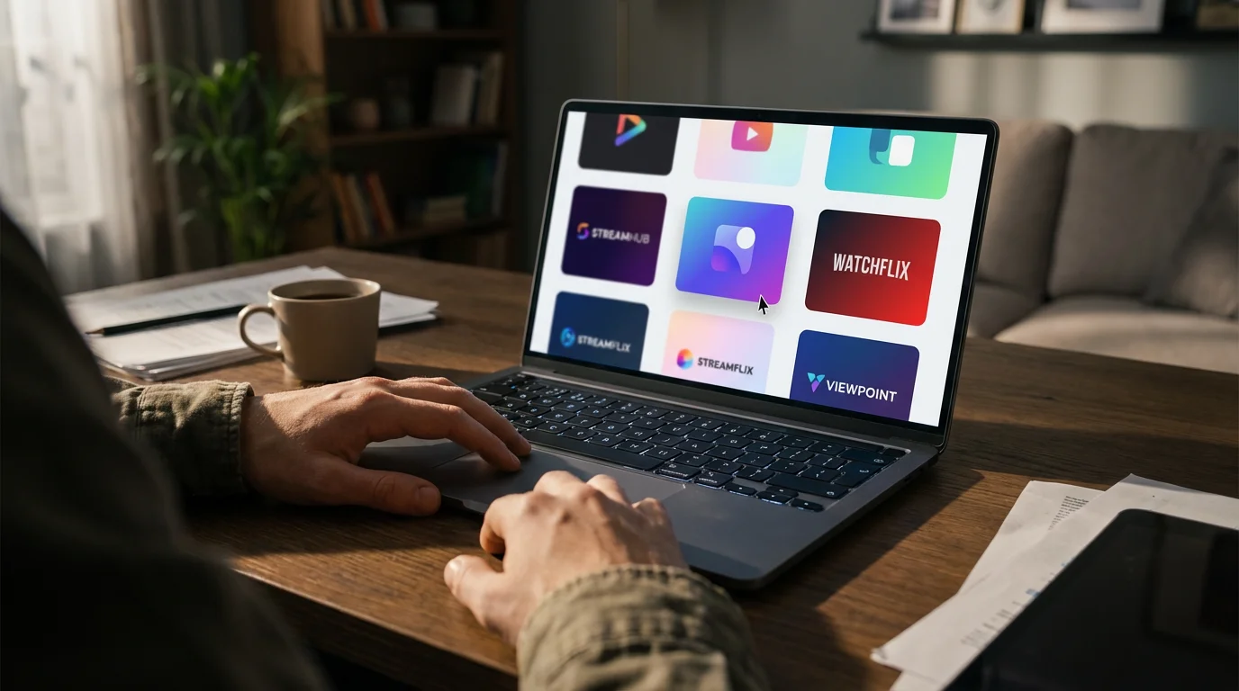Over-the-shoulder view of a person choosing a streaming service from a grid on a laptop.