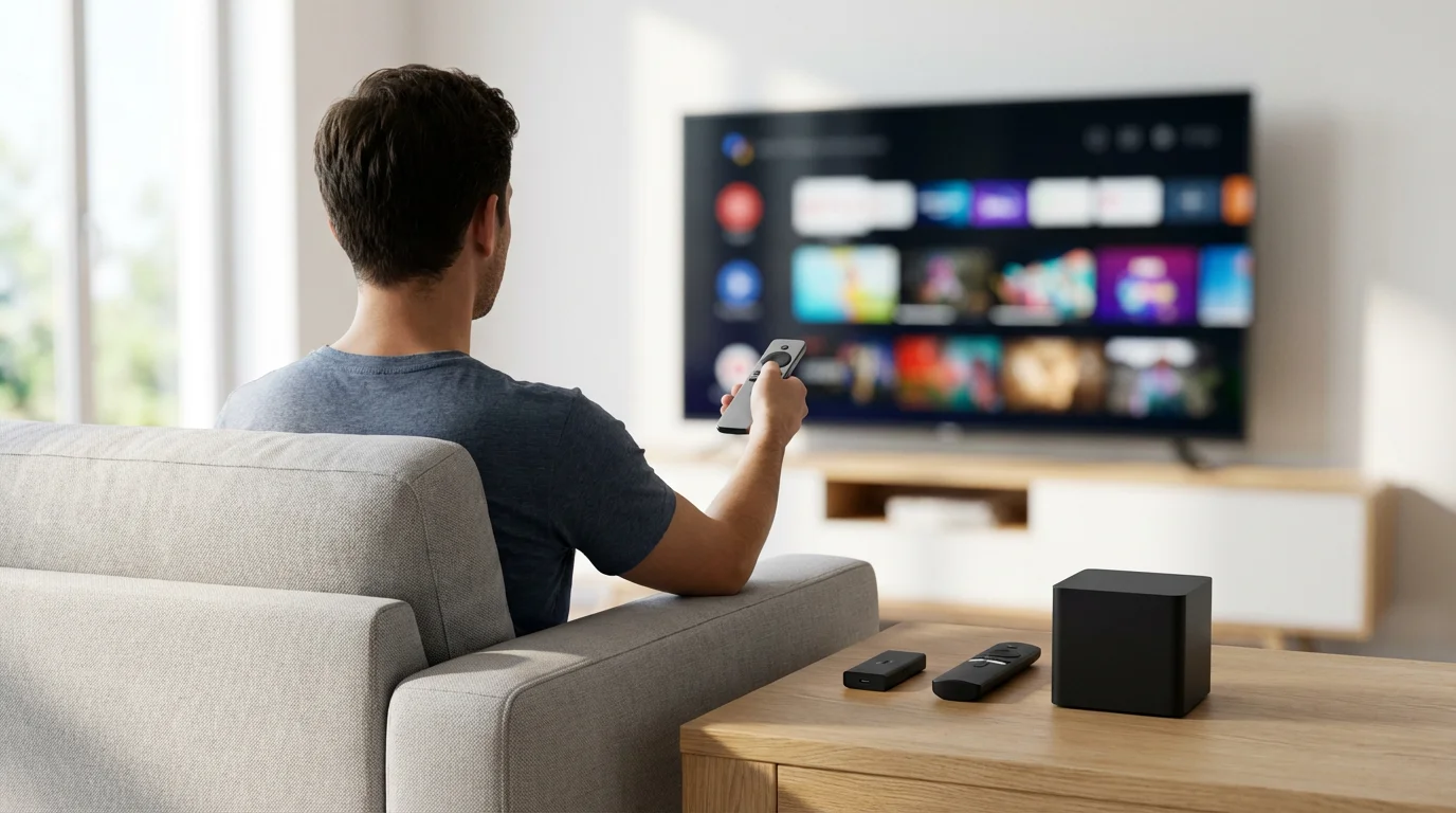 Over-the-shoulder view of a person choosing a streaming device from a coffee table.
