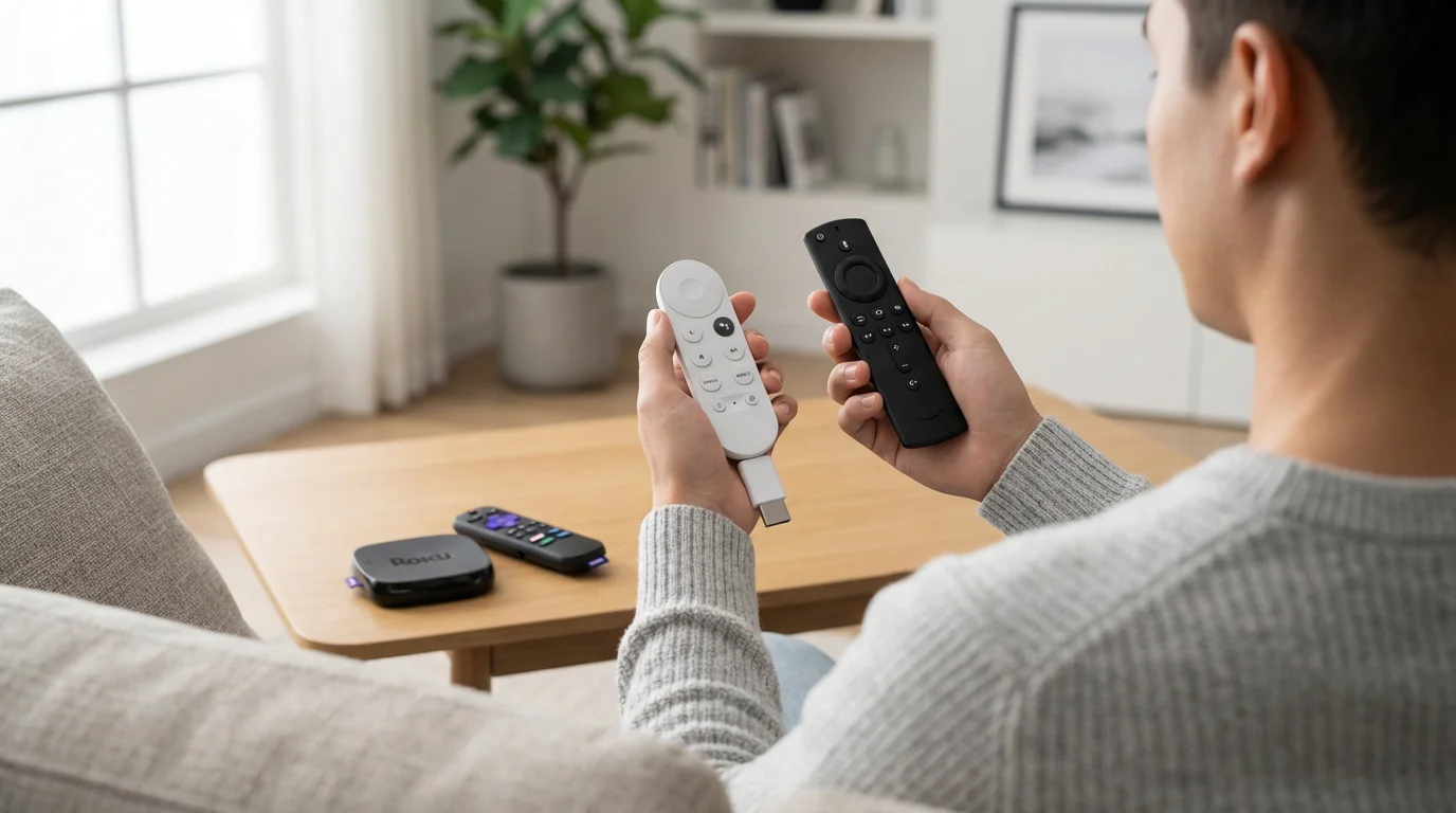 Over-the-shoulder view of a person comparing budget streaming devices like Chromecast, Fire Stick, and Roku.