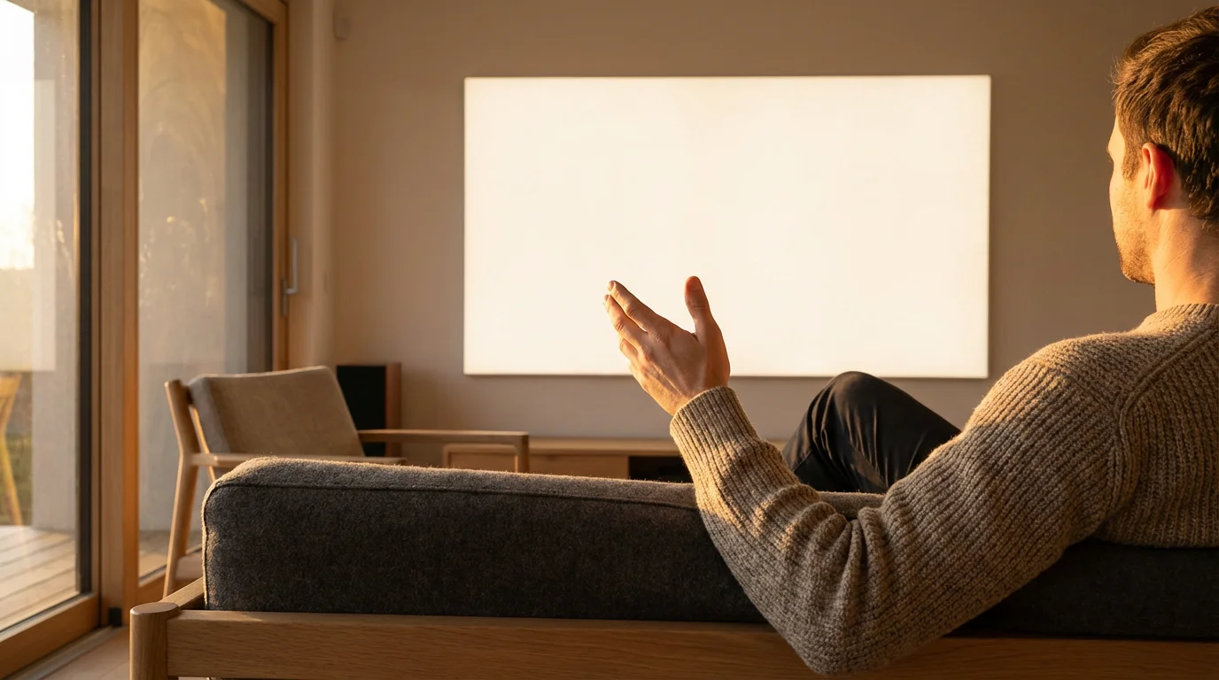 Over-the-shoulder view of a person facing a large blank screen during golden hour.