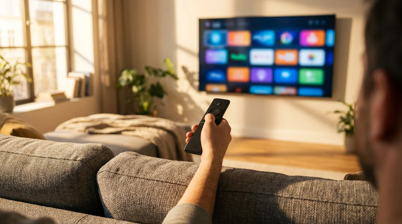 Over-the-shoulder view of a person holding a remote, browsing a streaming service on TV.