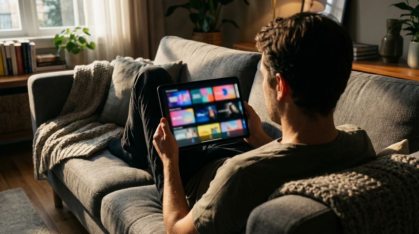 Over-the-shoulder view of a person holding a tablet, streaming content in a cozy room.