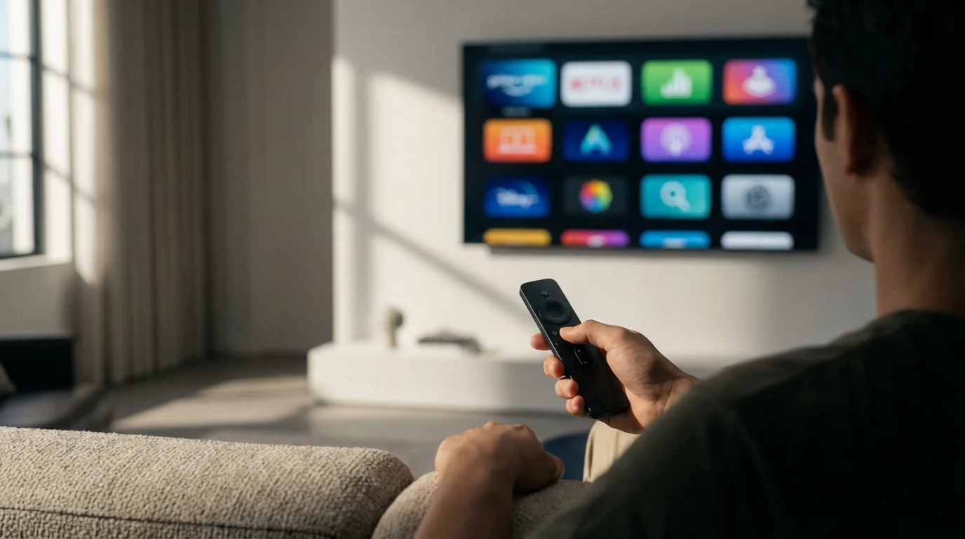 Over-the-shoulder view of a person holding a streaming remote aimed at a TV screen.