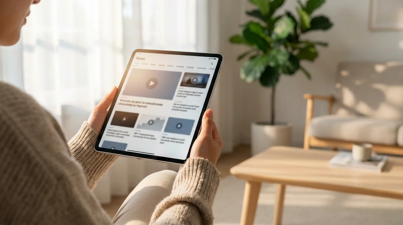 Over-the-shoulder view of a person holding a tablet displaying a news streaming app interface.