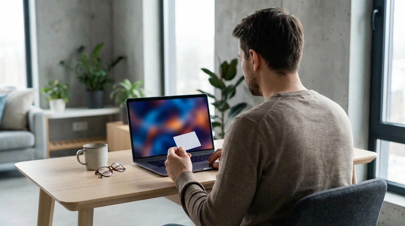 Over-the-shoulder view of a person holding a credit card, looking at a laptop.