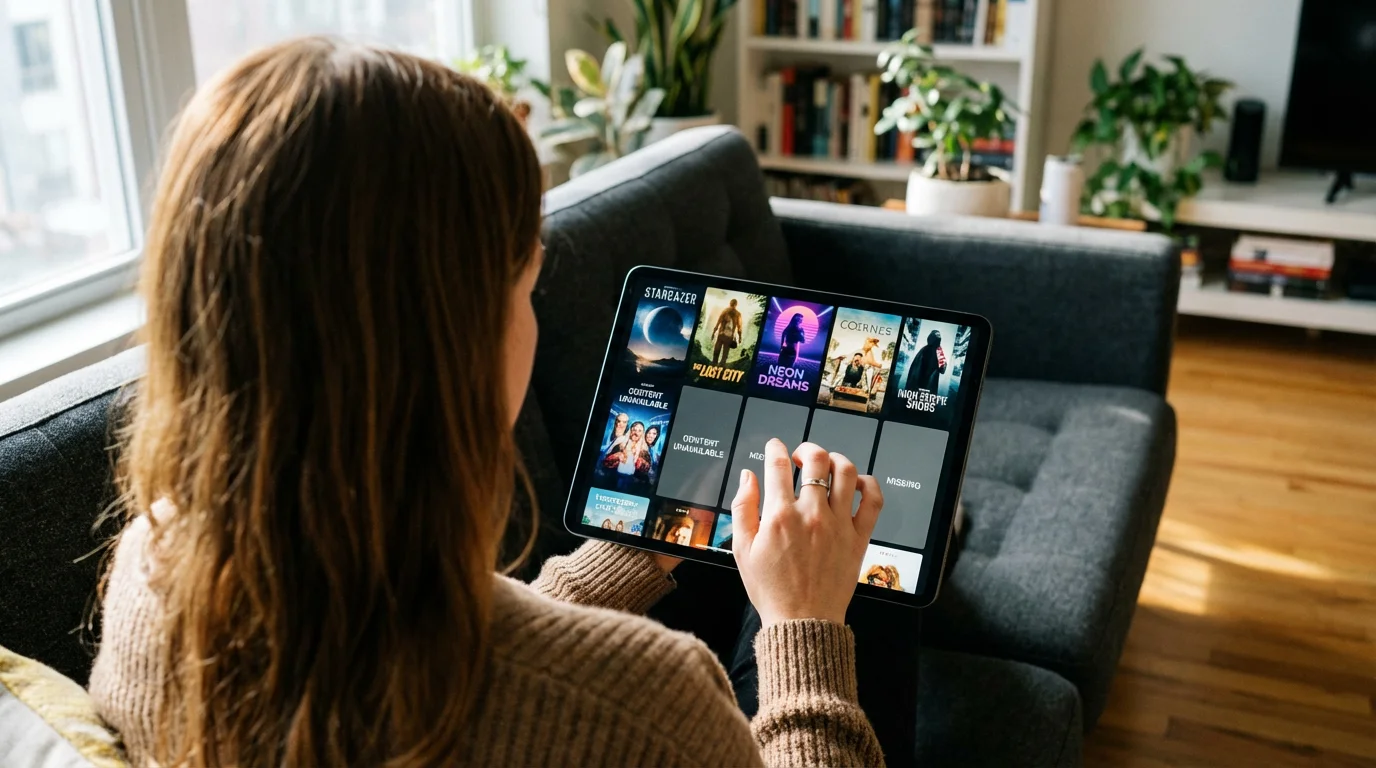 Over-the-shoulder view of a person holding a tablet with blank squares among show thumbnails.