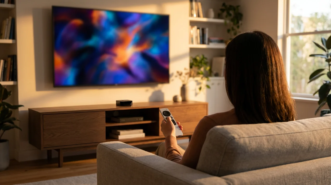 Over-the-shoulder view of a person holding an Apple TV remote in a sunlit room.