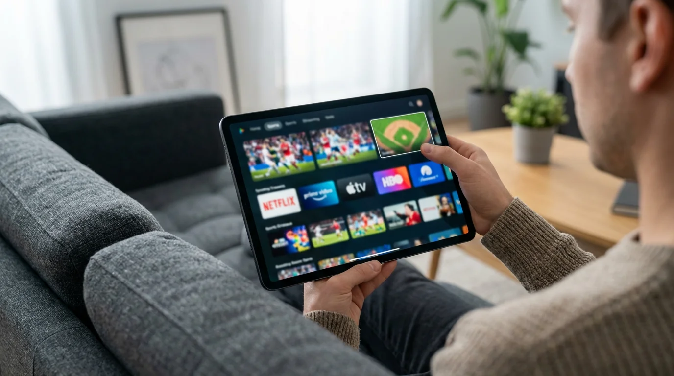 Over-the-shoulder view of a person holding a tablet, browsing a sports streaming service.
