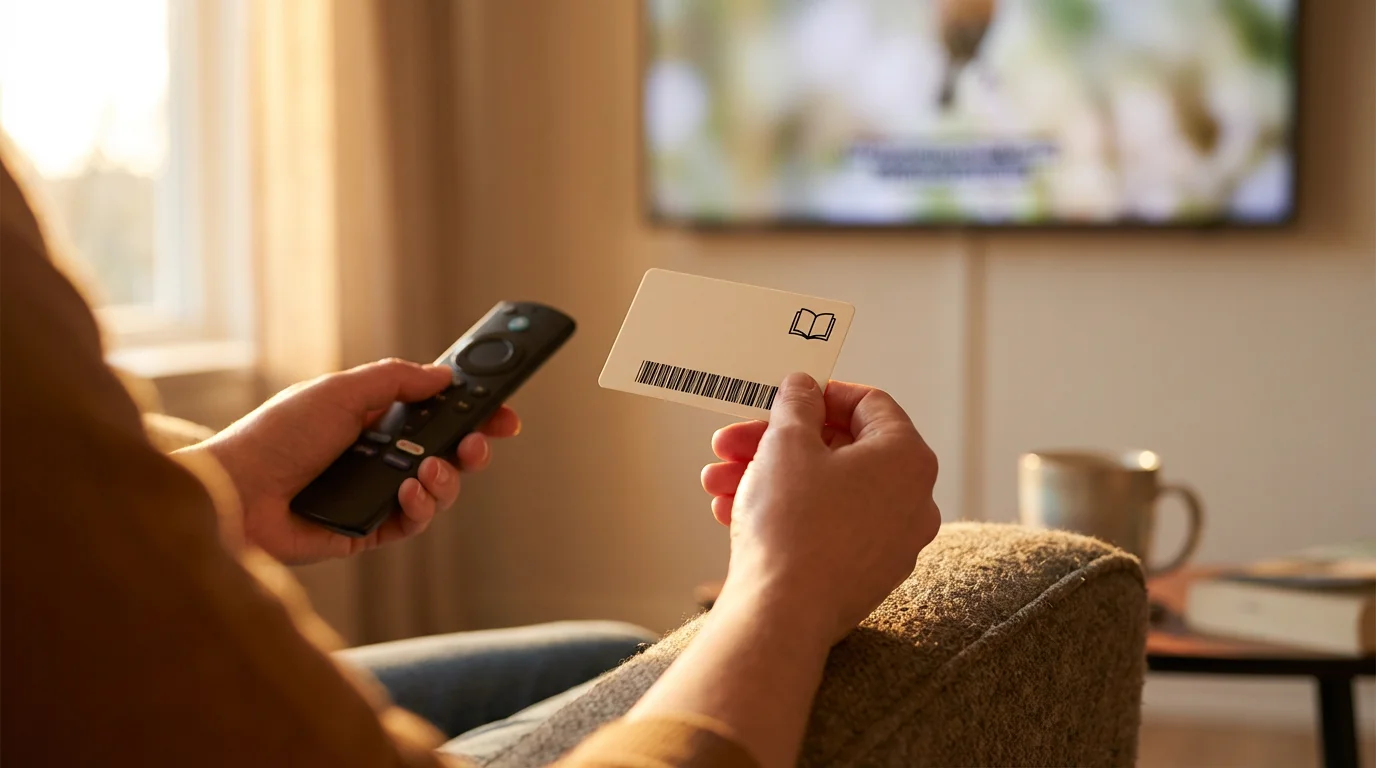 Over-the-shoulder view of a person holding a TV remote and a library card.
