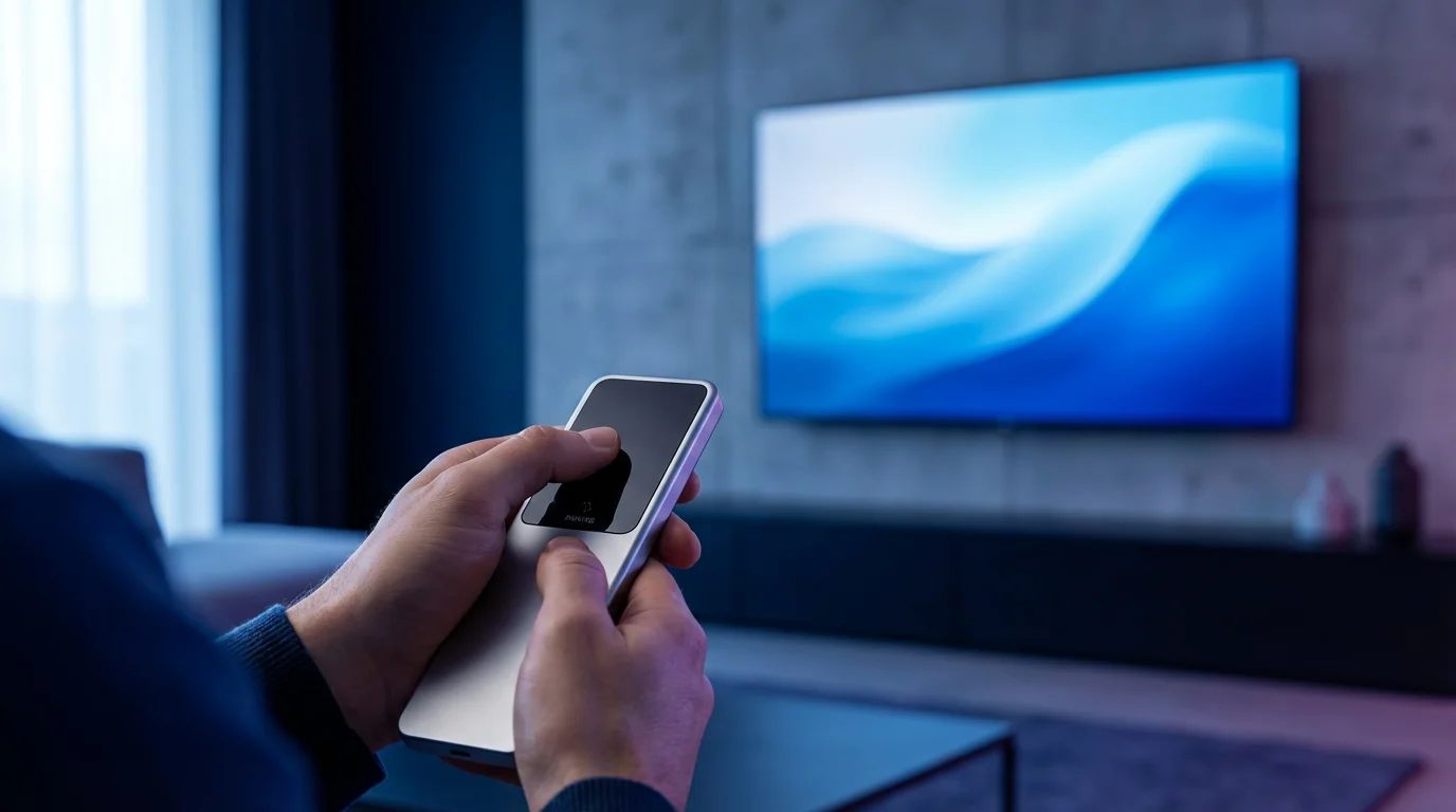 Over-the-shoulder view of a person holding a modern silver remote in a living room.