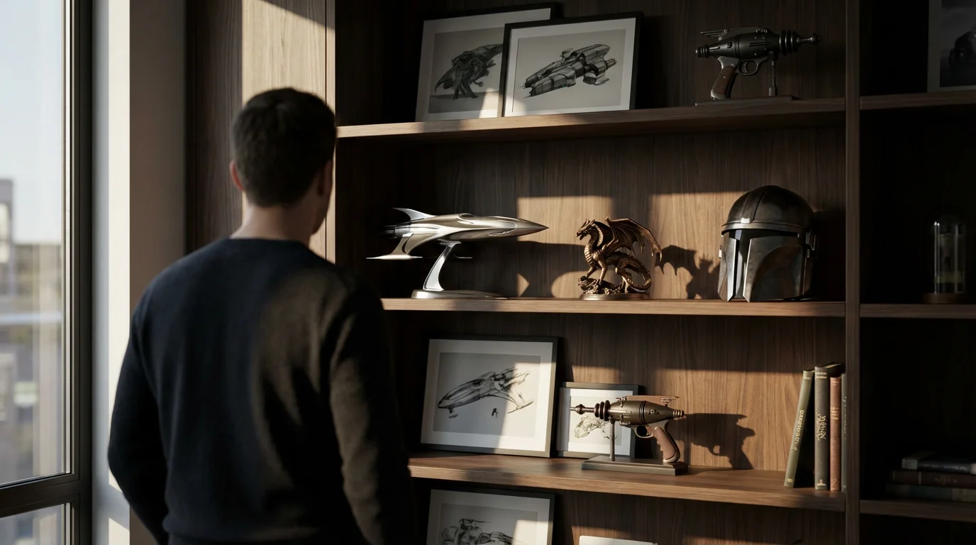 Over-the-shoulder view of a person looking at a shelf of fantasy and sci-fi collectibles.