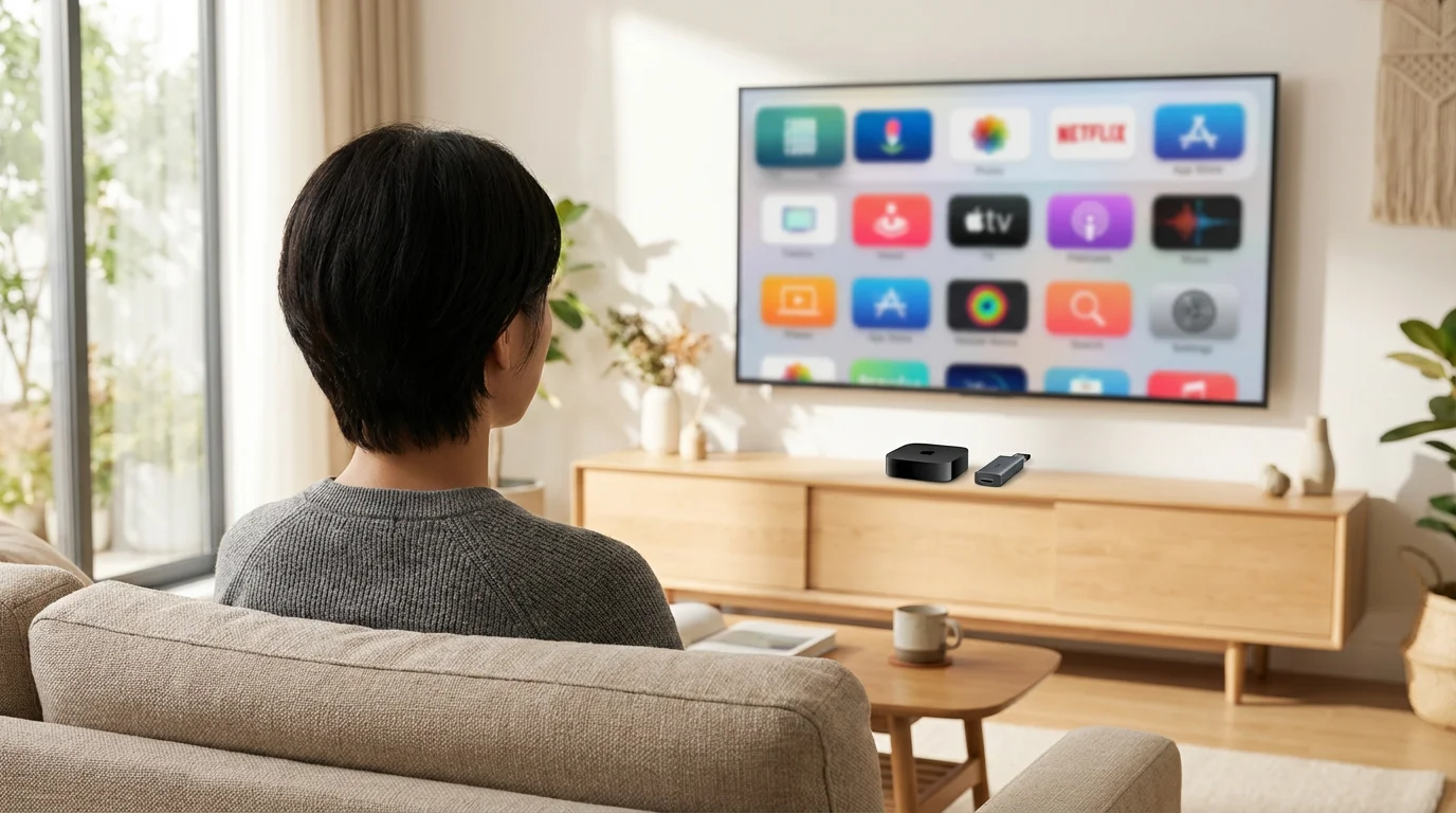 Over-the-shoulder view of a person looking at a smart TV with two streaming devices.