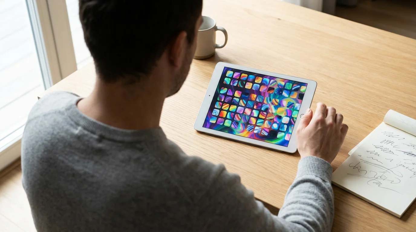 Over-the-shoulder view of a person looking at a tablet with many streaming choices.