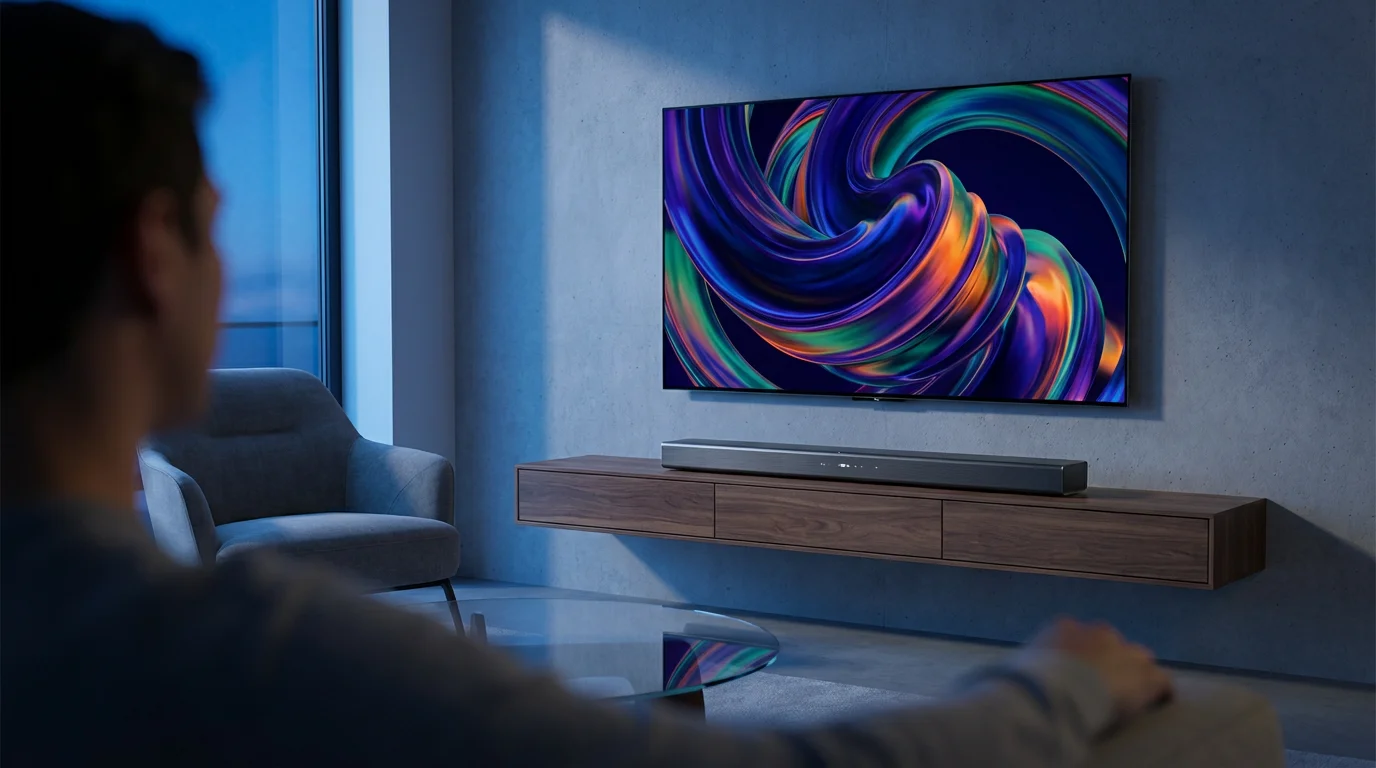 Over-the-shoulder view of a person looking at their TV and soundbar setup at dusk.