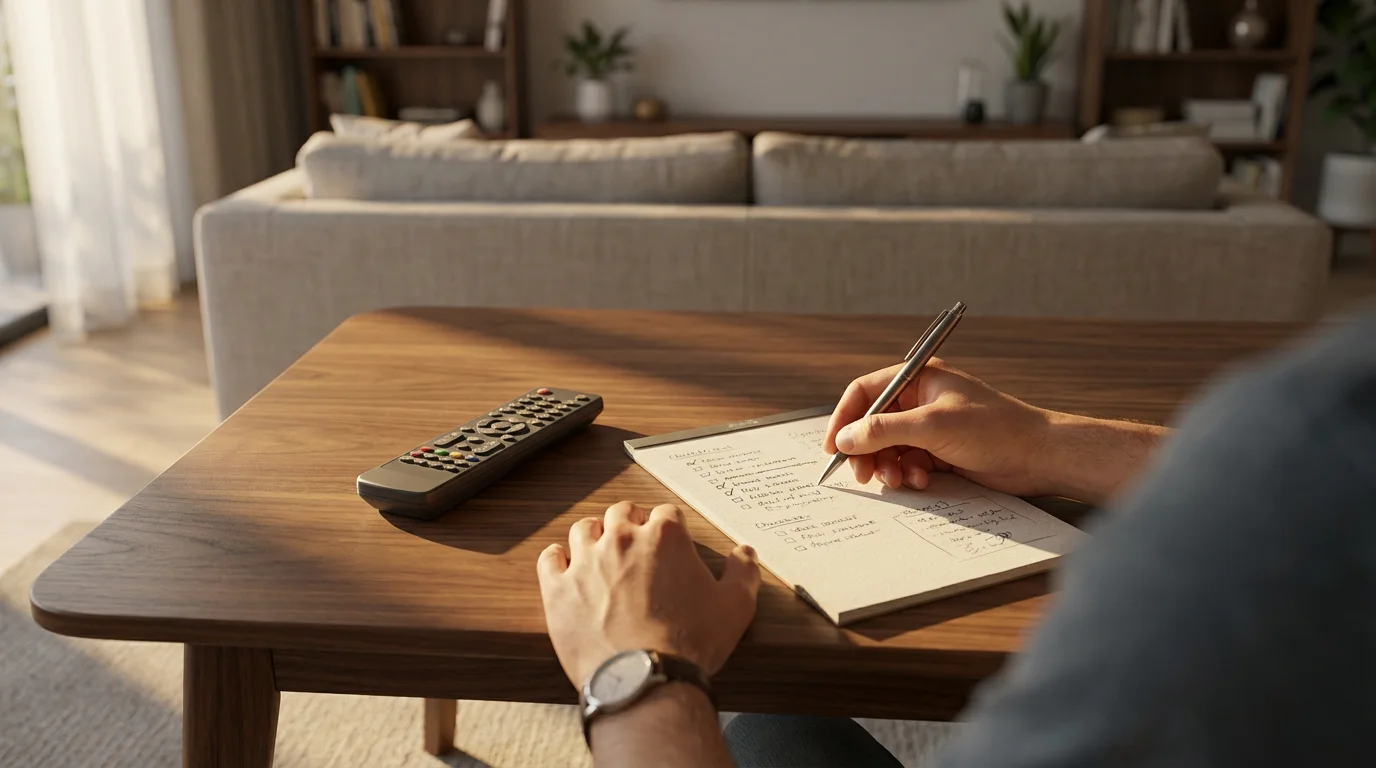 Over-the-shoulder view of a person making a checklist on a notepad beside a television remote.