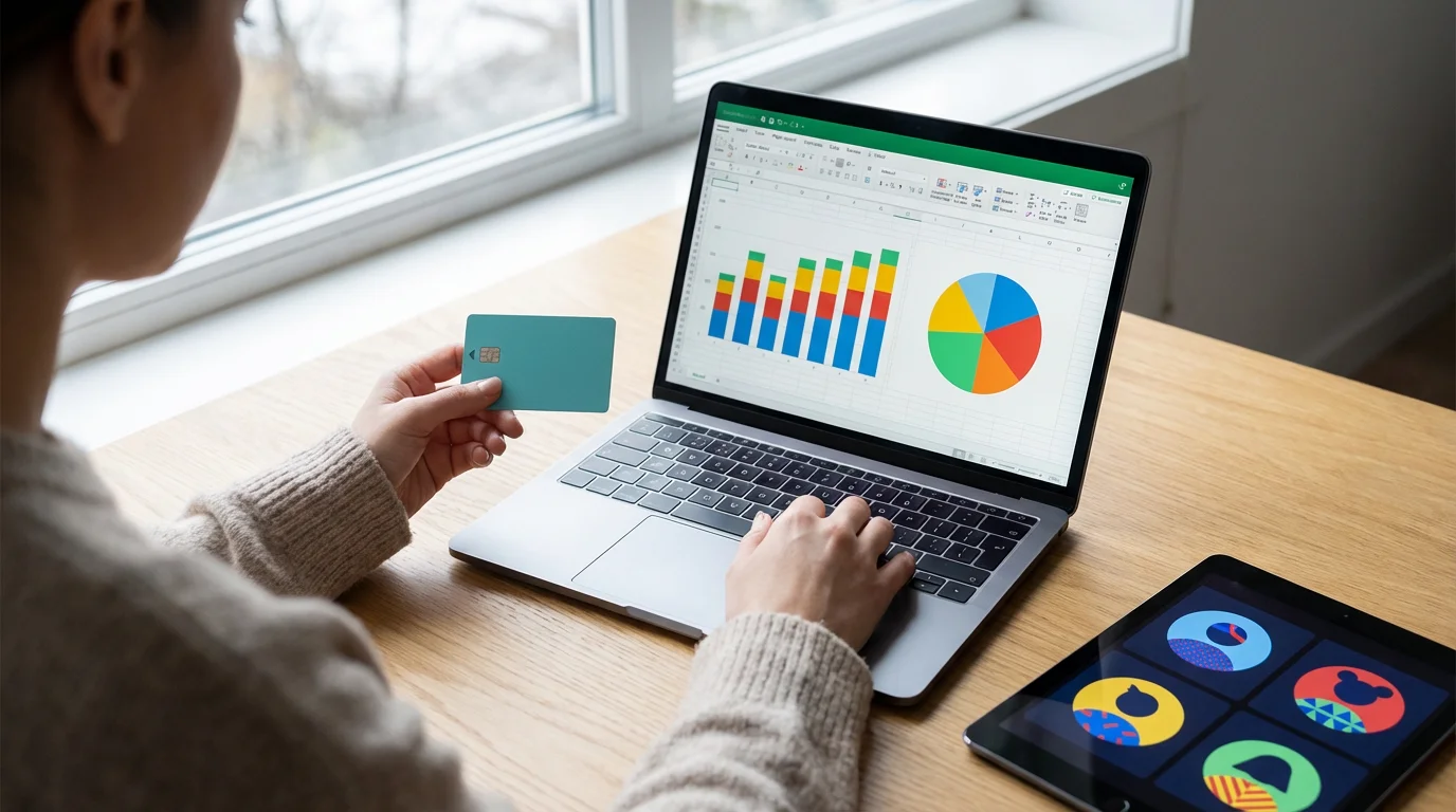 Over-the-shoulder view of a person managing a subscription with a credit card and tablet.