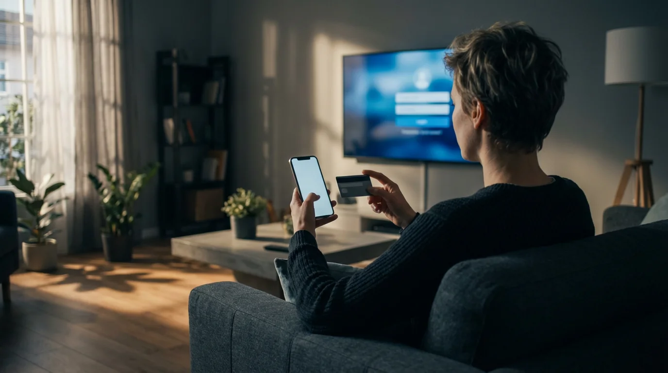 Over-the-shoulder view of a person on a couch subscribing to a streaming service.