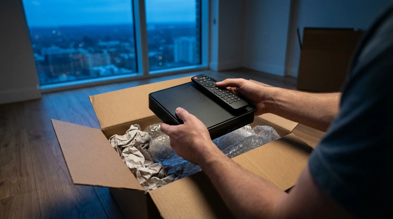 Over-the-shoulder view of a person packing a cable box into a return shipping box.