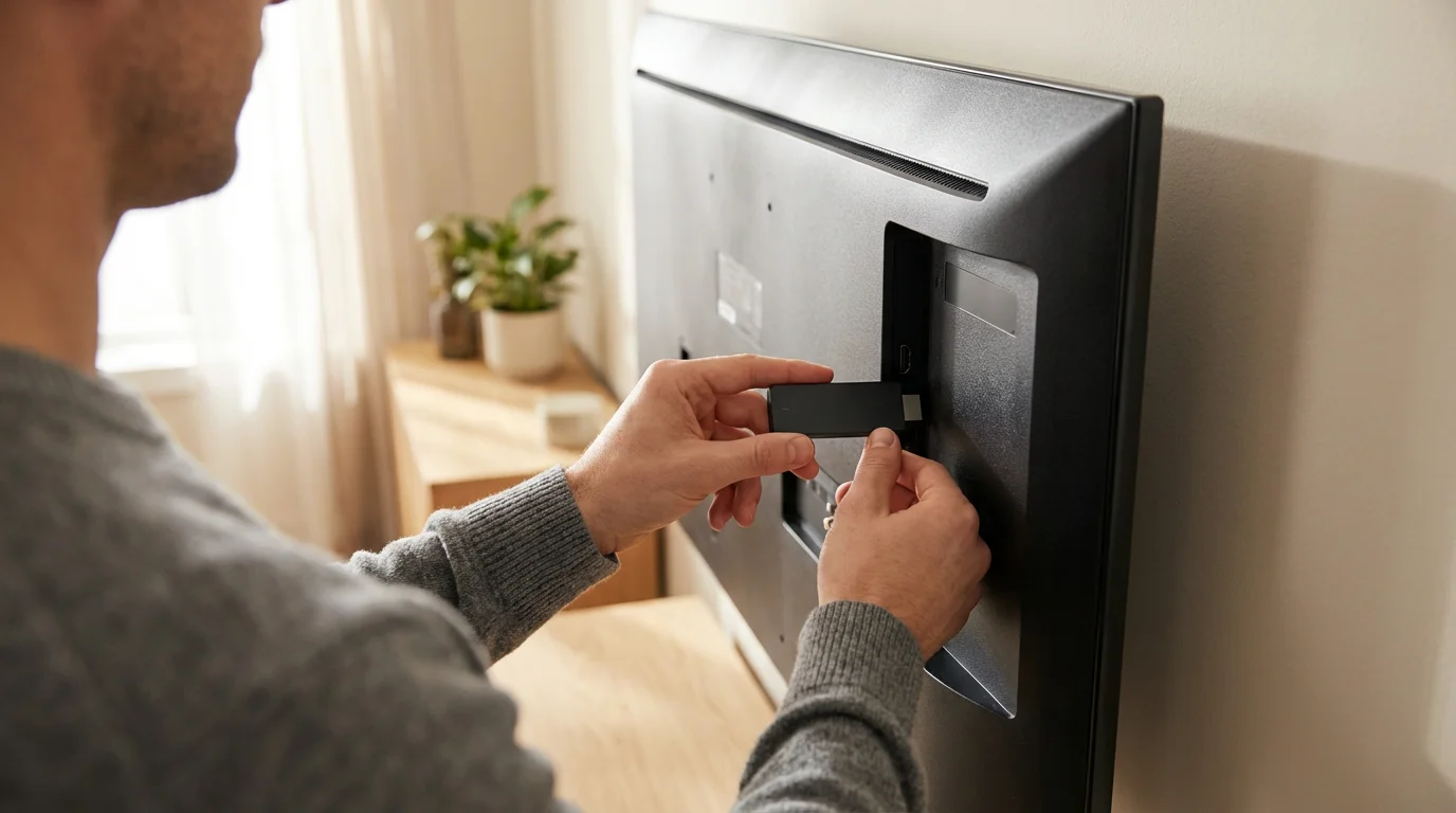 Over-the-shoulder view of a person plugging a streaming stick into a television's HDMI port.