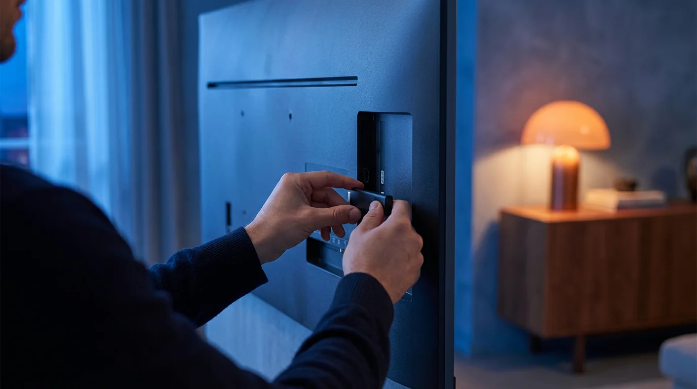 Over-the-shoulder view of a person plugging a black streaming stick into a television.