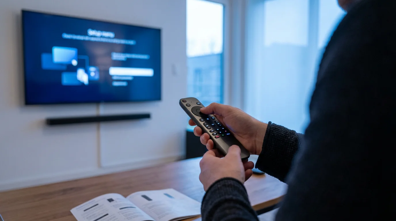 Over-the-shoulder view of a person programming a universal remote for their television at dusk.