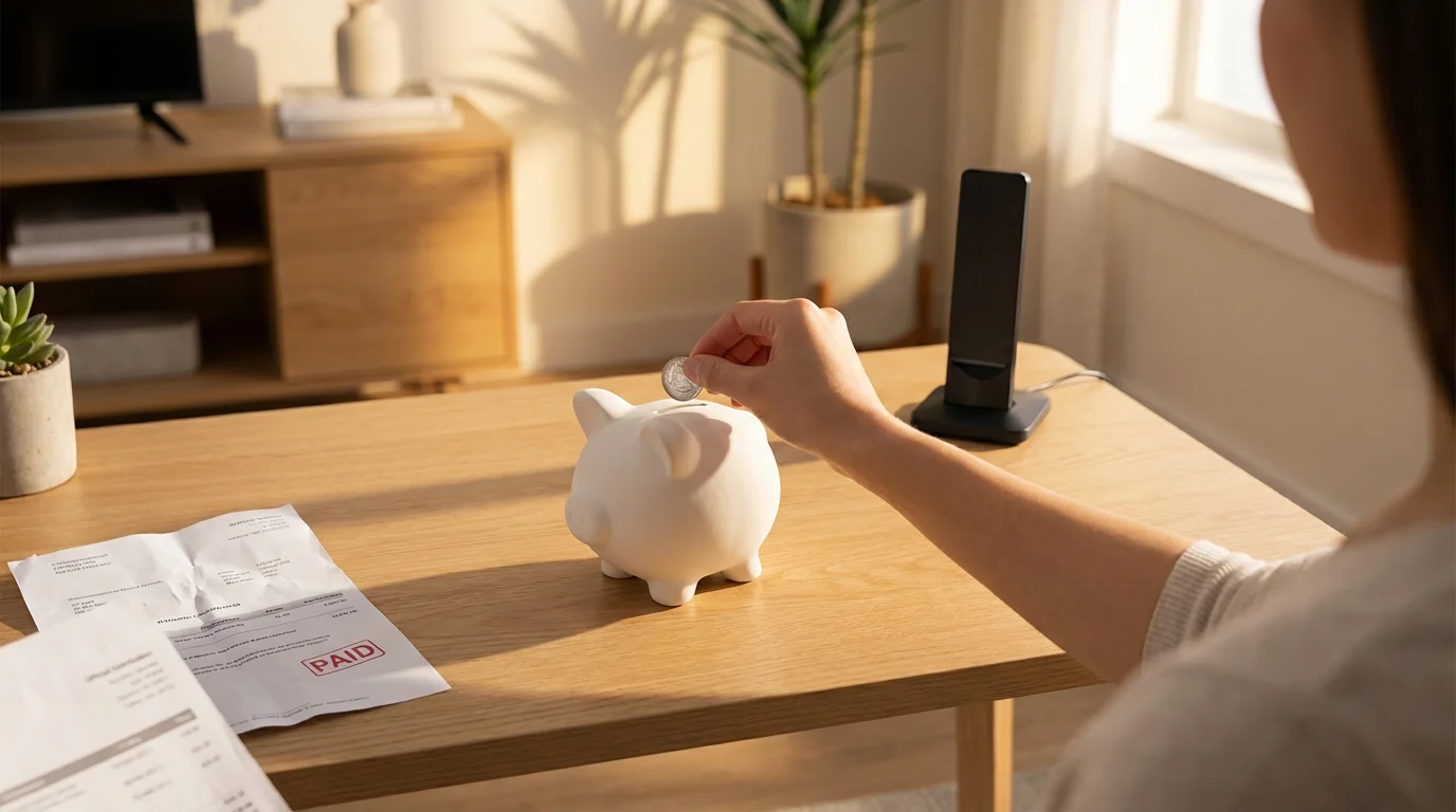 Over-the-shoulder view of a person putting a coin into a piggy bank beside a TV antenna.
