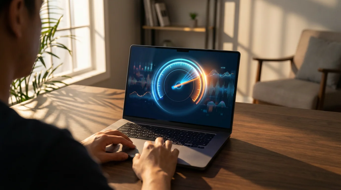 Over-the-shoulder view of a person running a graphical internet speed test on a laptop.