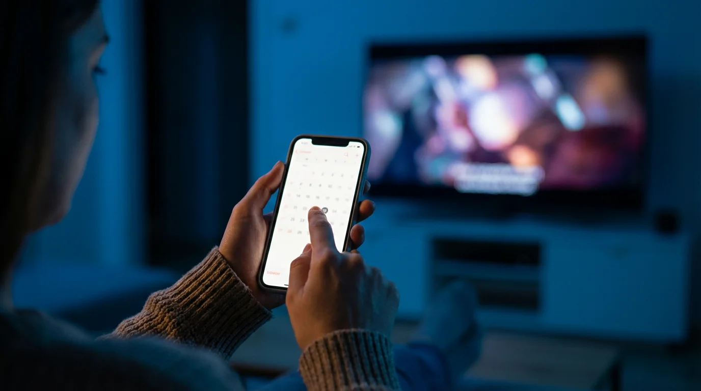Over-the-shoulder view of a person setting a calendar reminder on their phone at night.