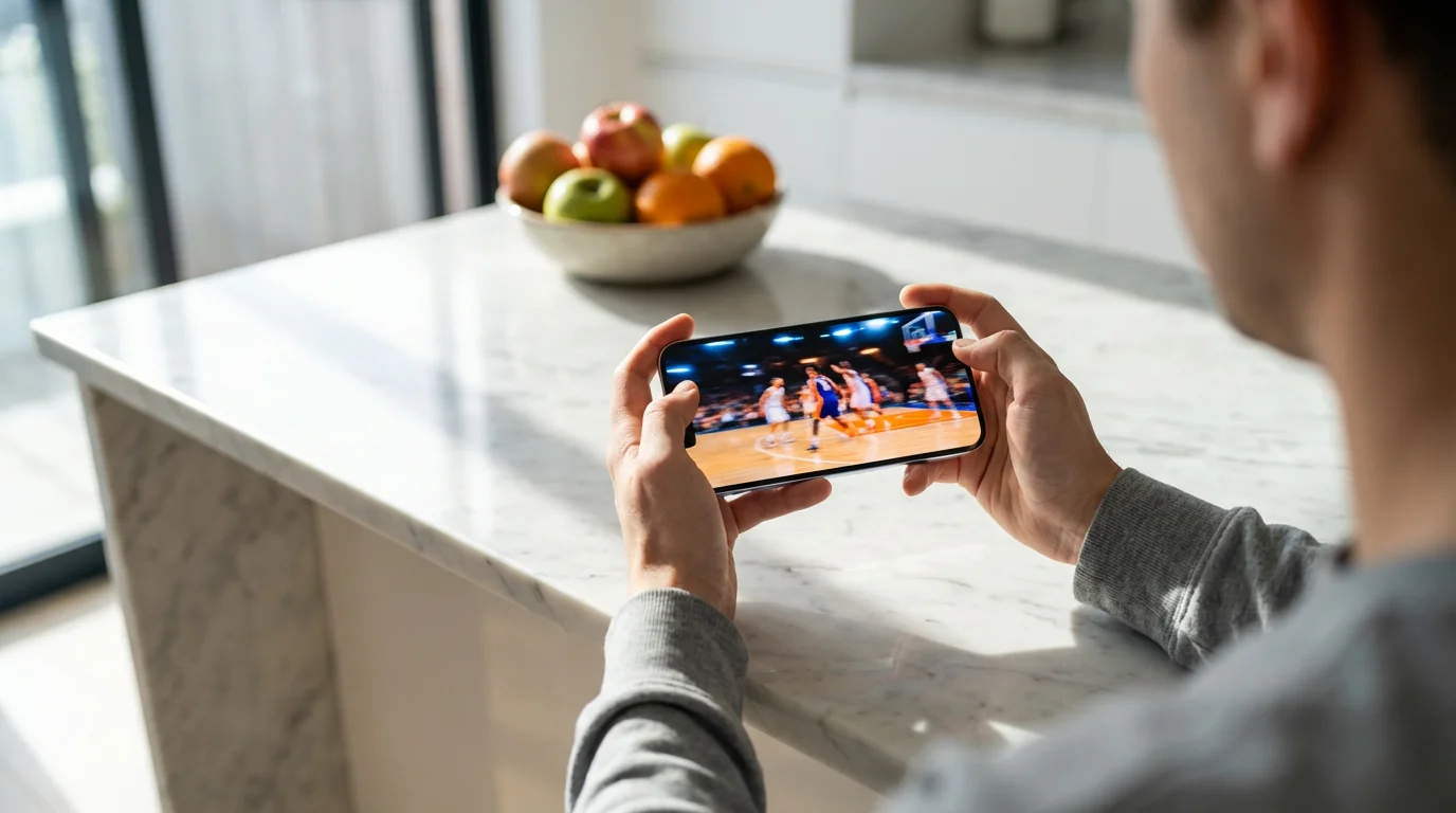 Over-the-shoulder view of a person streaming a live basketball game on a smartphone.