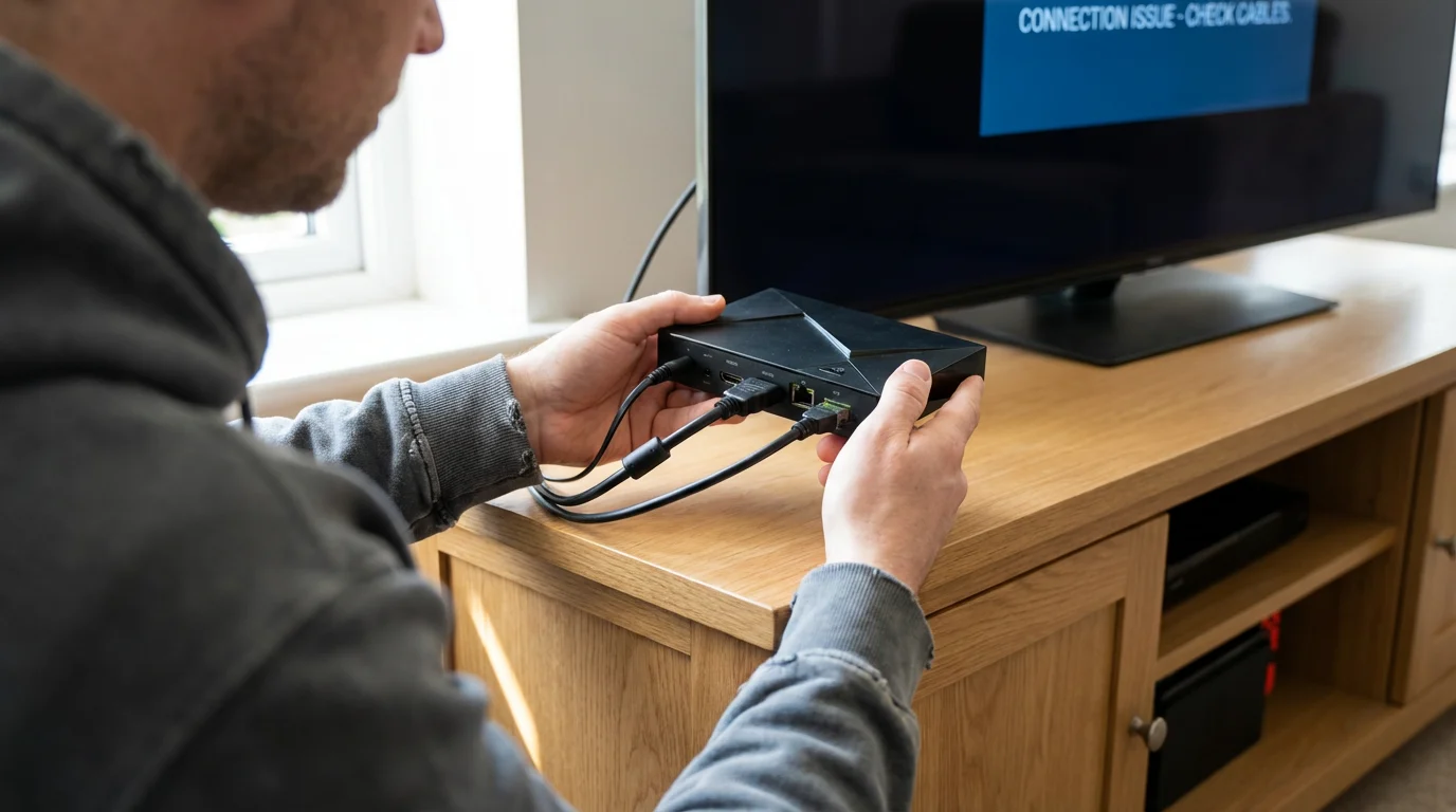Over-the-shoulder view of a person troubleshooting cables on the back of an Nvidia Shield TV.