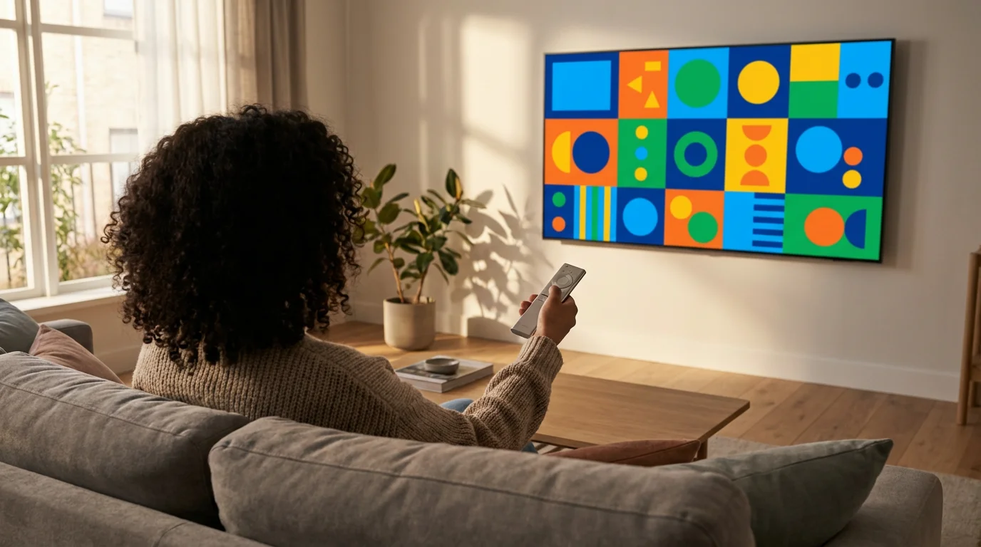 Over-the-shoulder view of a person using a remote to browse apps on a smart TV.