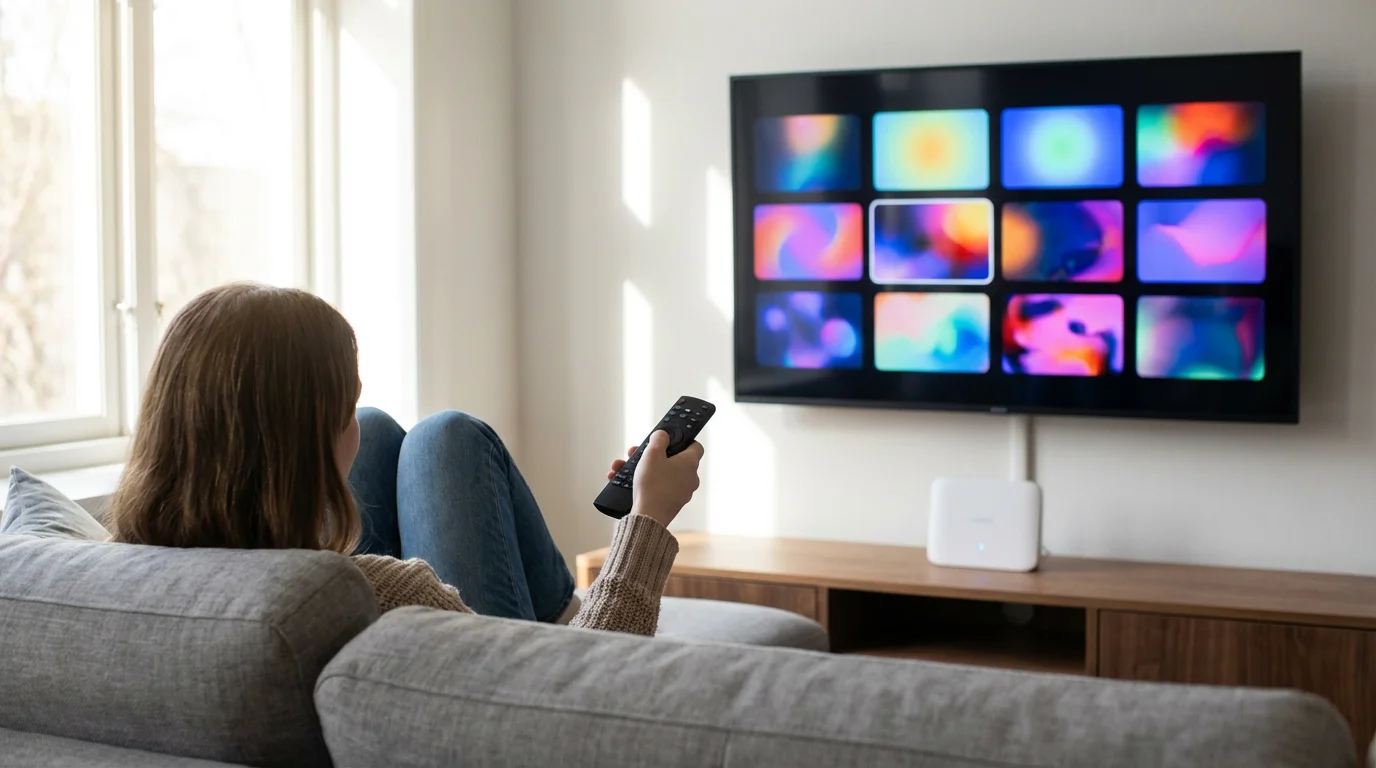 Over-the-shoulder view of a person using a remote to stream content on a smart TV.