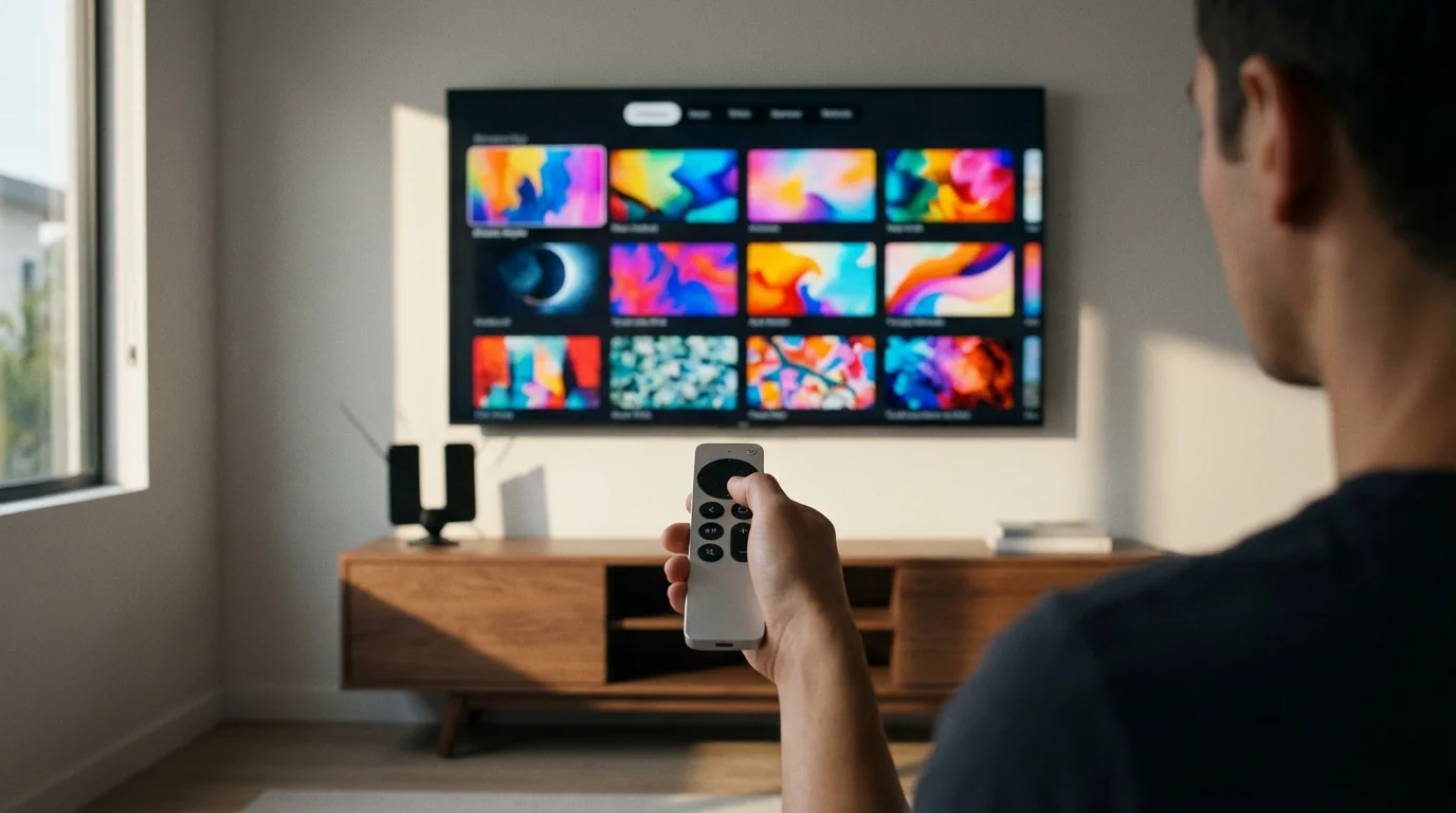 Over-the-shoulder view of a person using a remote to browse TV channels.