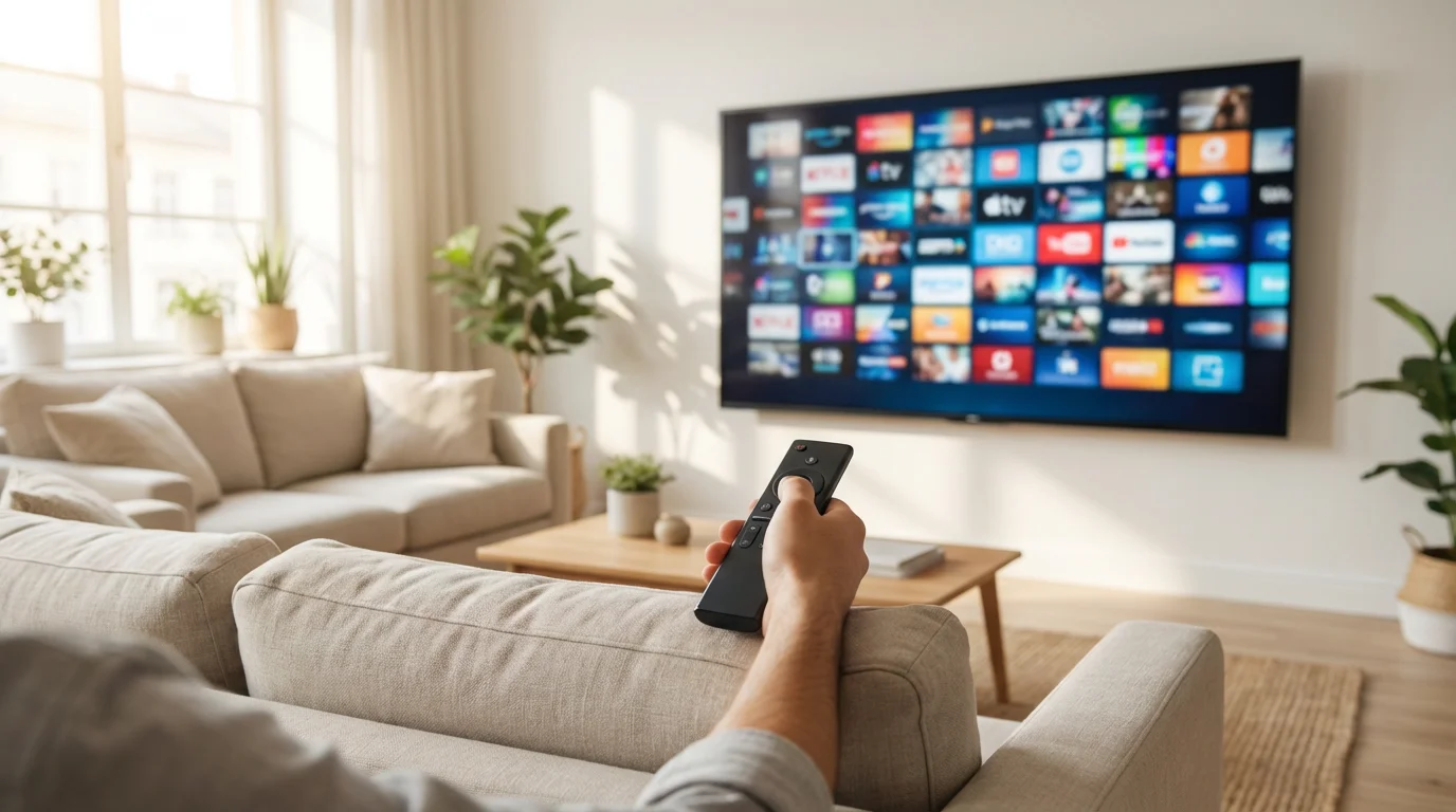 Over-the-shoulder view of a person using a remote to browse a TV channel guide.