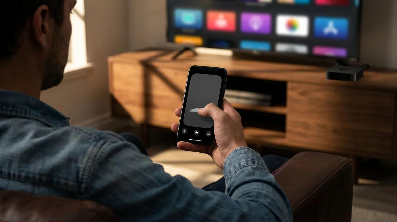 Over-the-shoulder view of a person using a smartphone to control their Apple TV.
