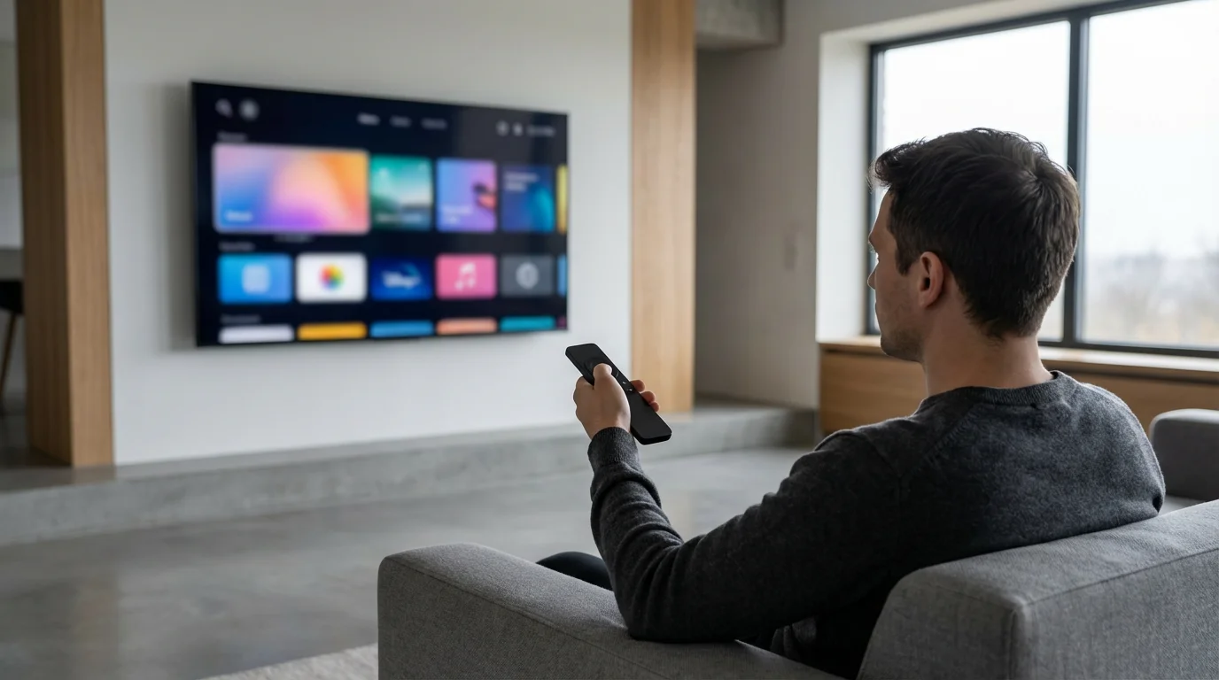 Over-the-shoulder view of a person using a remote to navigate a smart TV menu.