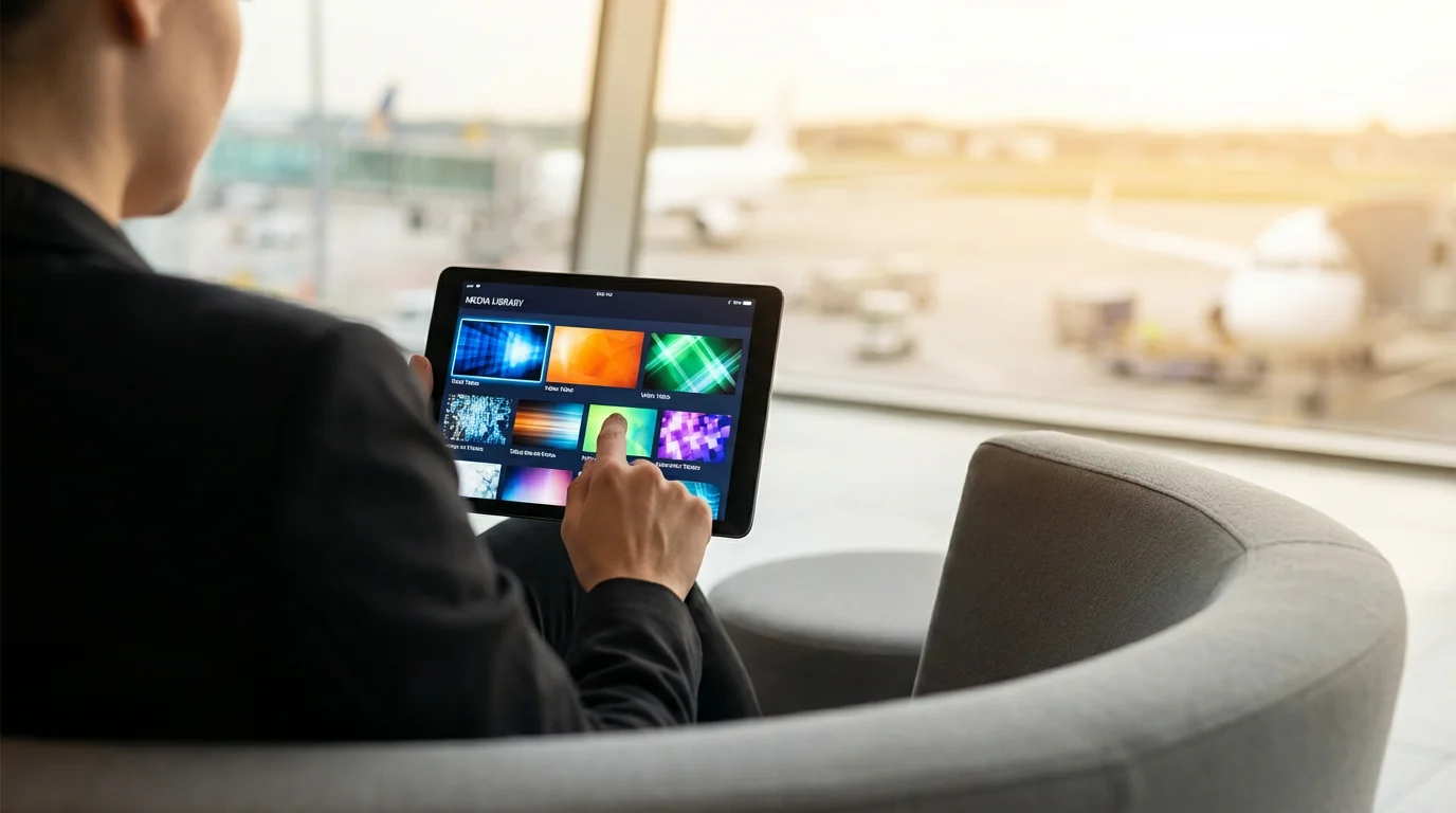 Over-the-shoulder view of a person using a streaming service on a tablet in an airport lounge.