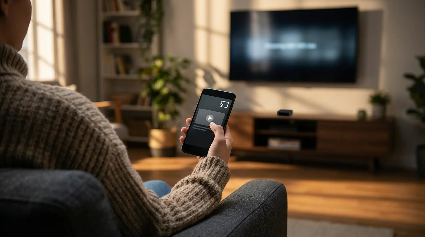Over-the-shoulder view of a person using a smartphone to cast content to a television.